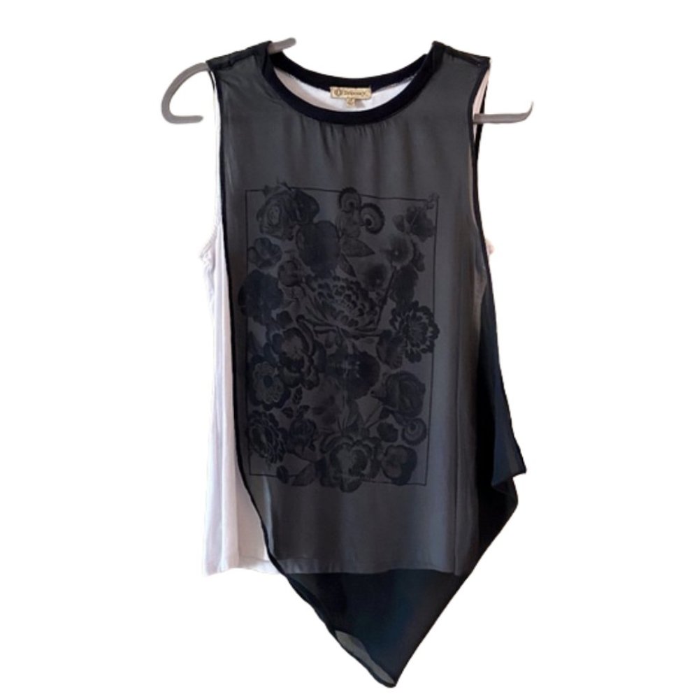 DEMOCRACY White Floral Tank Sheer Black Overlay